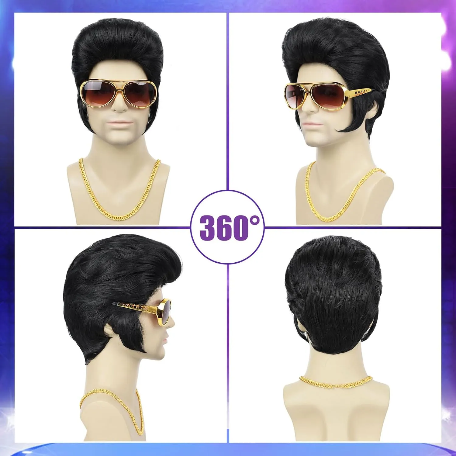 50s Disco Rock Wig with Glasses and Necklace Black Singer Rocker Costume Wigs for Men 50s 60s Funny Wig for Halloween Costume Cosplay Party Use (4pcs Set)