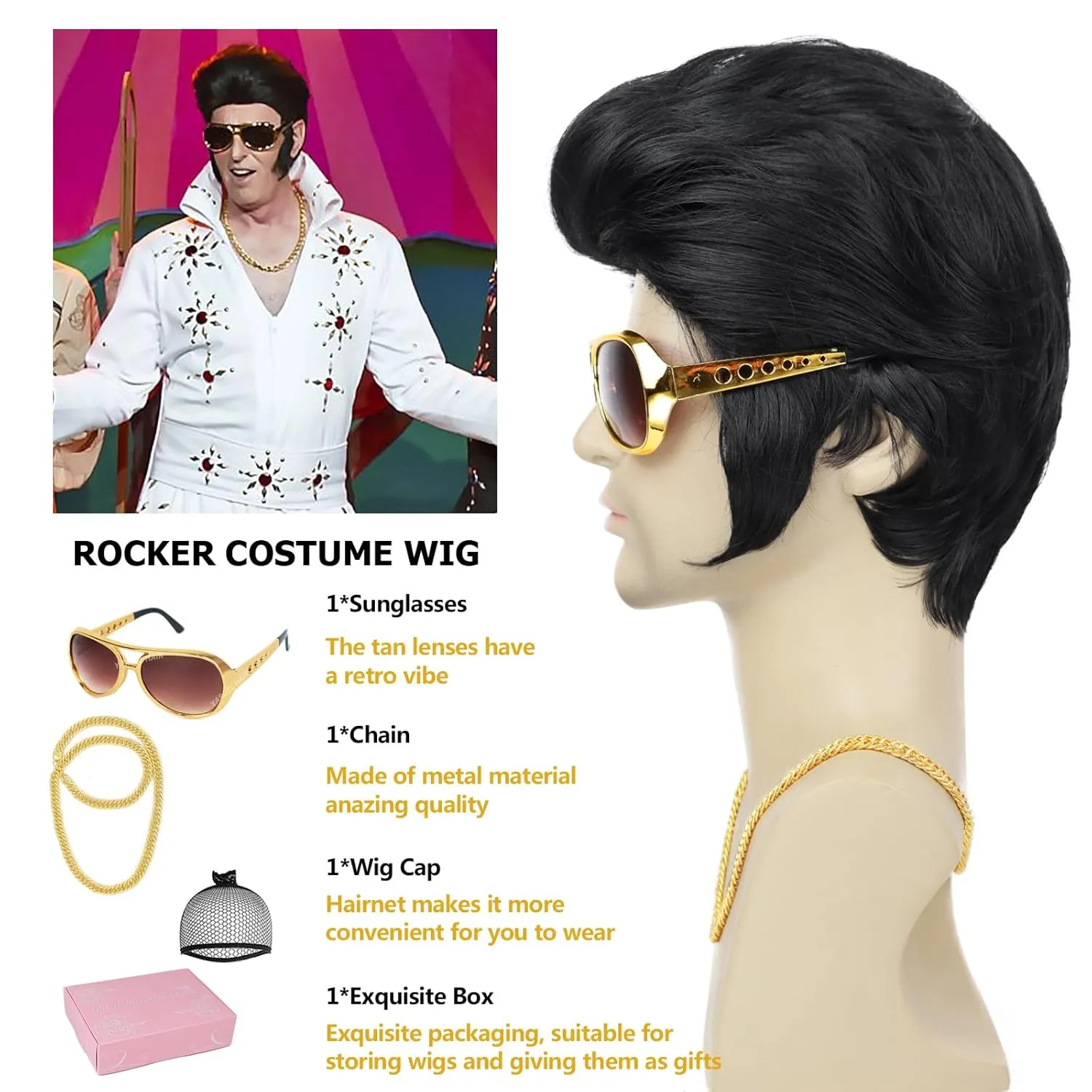 50s Disco Rock Wig with Glasses and Necklace Black Singer Rocker Costume Wigs for Men 50s 60s Funny Wig for Halloween Costume Cosplay Party Use (4pcs Set)
