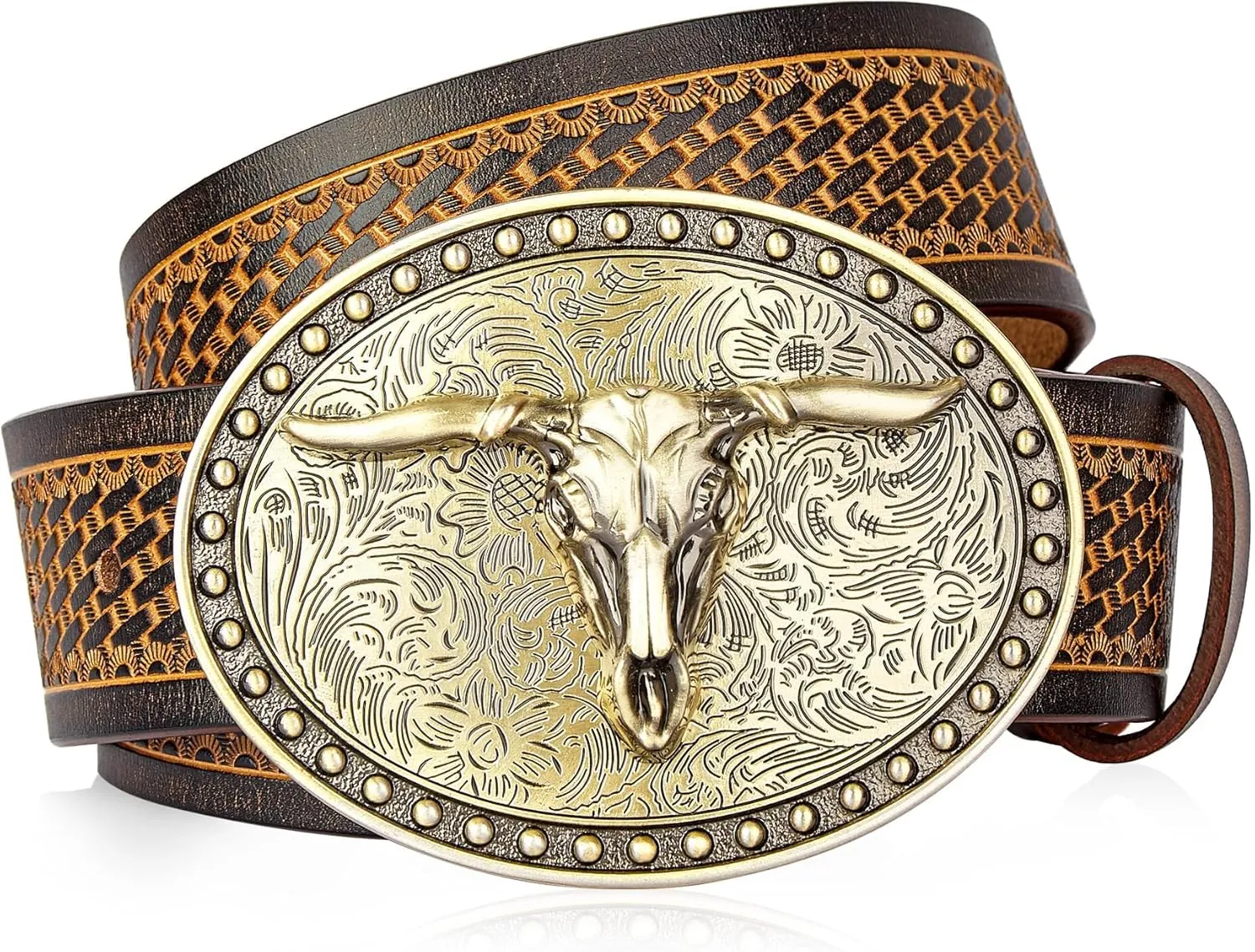 BISON DENIM Mens Western Cowboy Belt - Longhorn Cow Pattern Buckle with Printed Engraved Buckle Strap Adjustable