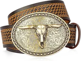 BISON DENIM Mens Western Cowboy Belt - Longhorn Cow Pattern Buckle with Printed Engraved Buckle Strap Adjustable