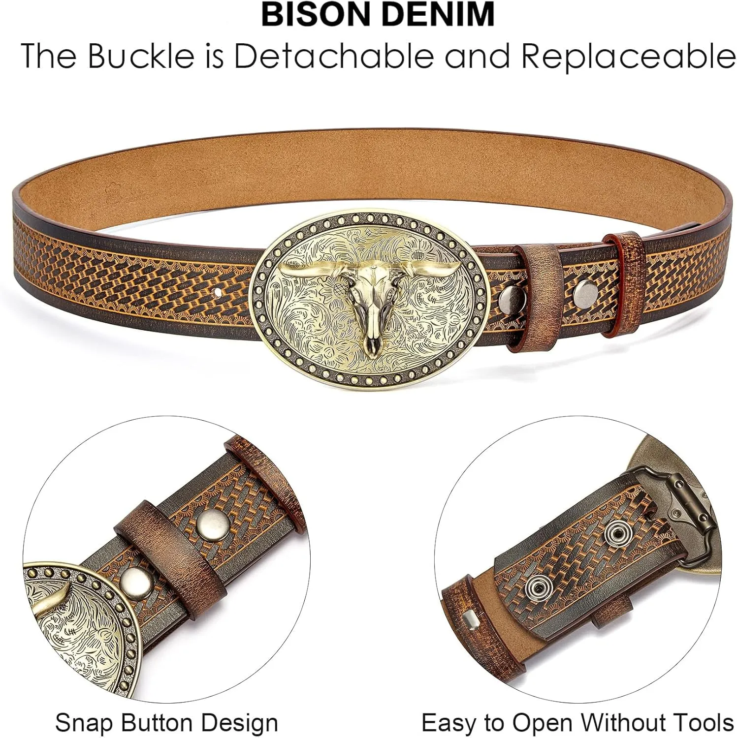 BISON DENIM Mens Western Cowboy Belt - Longhorn Cow Pattern Buckle with Printed Engraved Buckle Strap Adjustable