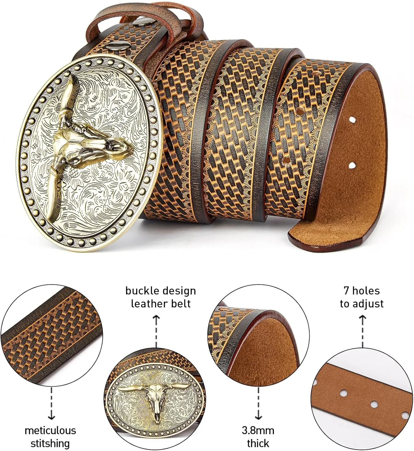 BISON DENIM Mens Western Cowboy Belt - Longhorn Cow Pattern Buckle with Printed Engraved Buckle Strap Adjustable