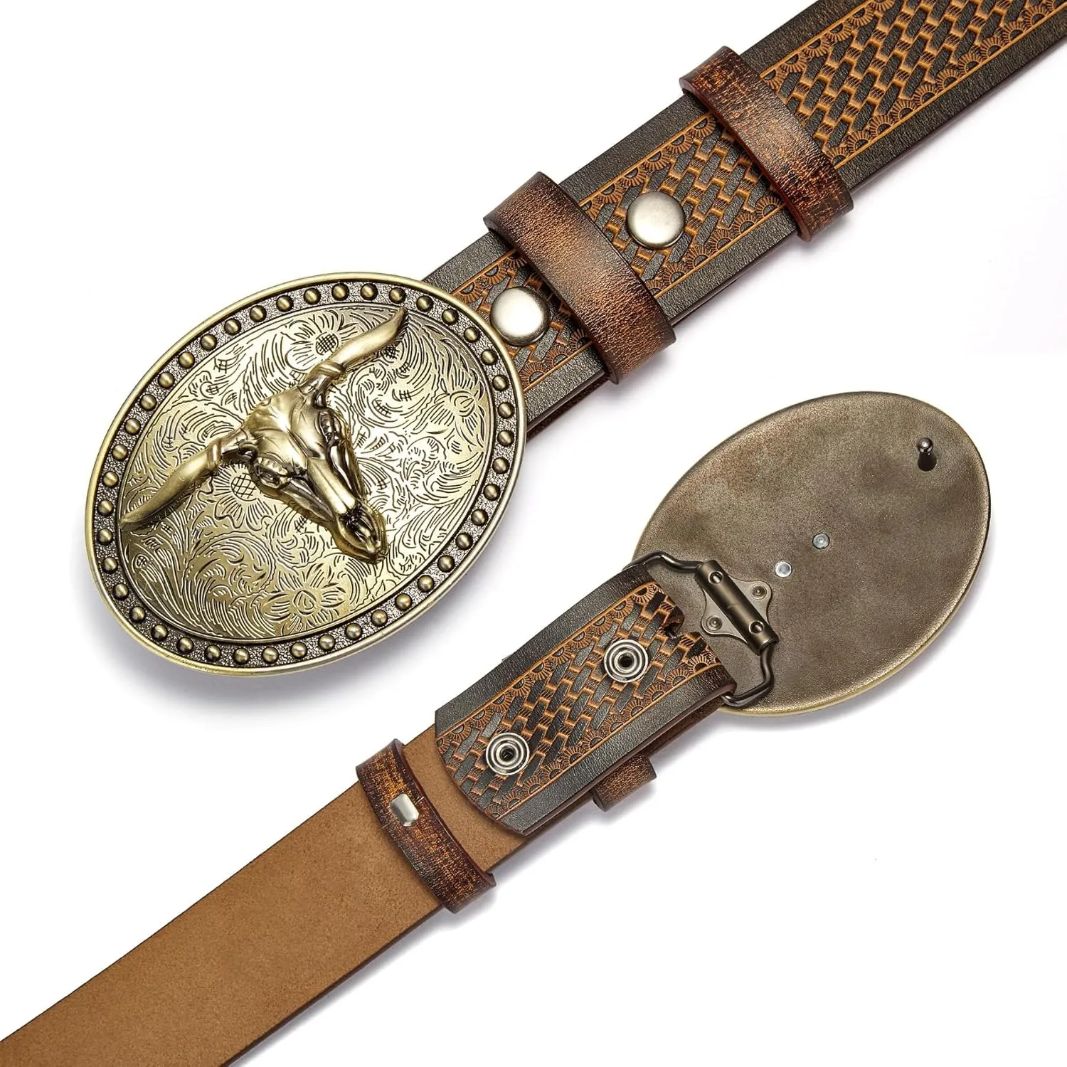 BISON DENIM Mens Western Cowboy Belt - Longhorn Cow Pattern Buckle with Printed Engraved Buckle Strap Adjustable