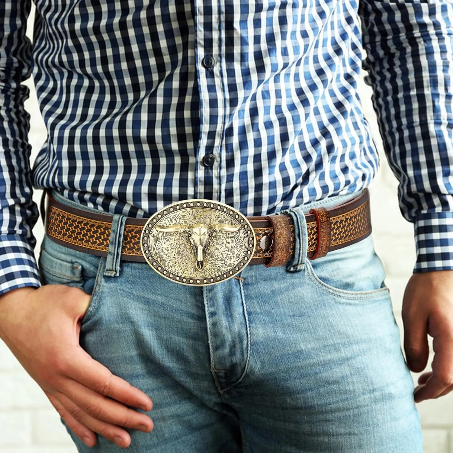 BISON DENIM Mens Western Cowboy Belt - Longhorn Cow Pattern Buckle with Printed Engraved Buckle Strap Adjustable