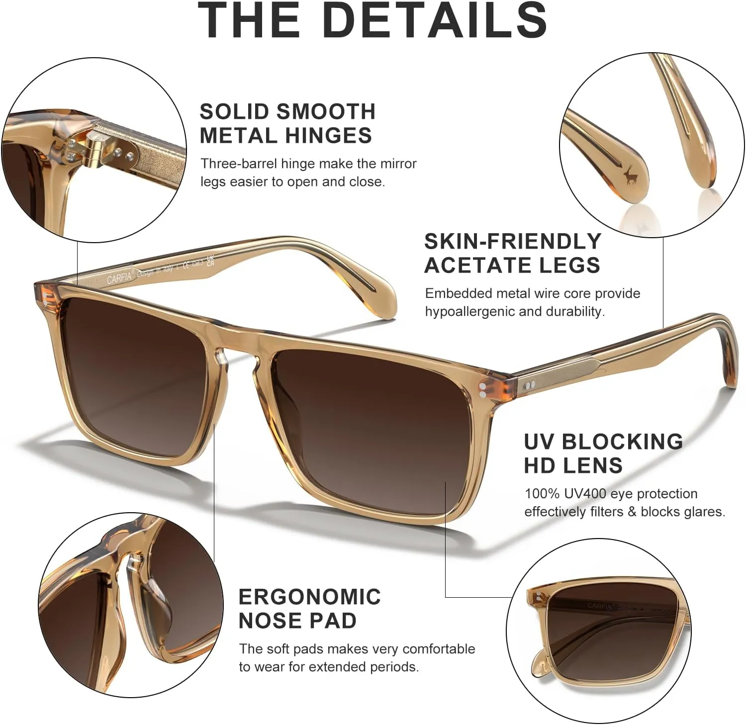 CARFIA Retro Polarized Sunglasses for Men UV Protection Hand-crafted Acetate Frame Fashion Cool Sun Glasses CA53572
