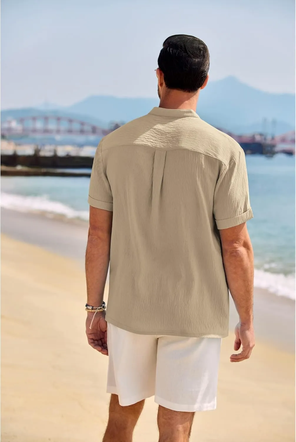 COOFANDY Men's Casual Henley Shirt Band Collar Short Sleeve Shirt Summer Beach Hippie Shirt