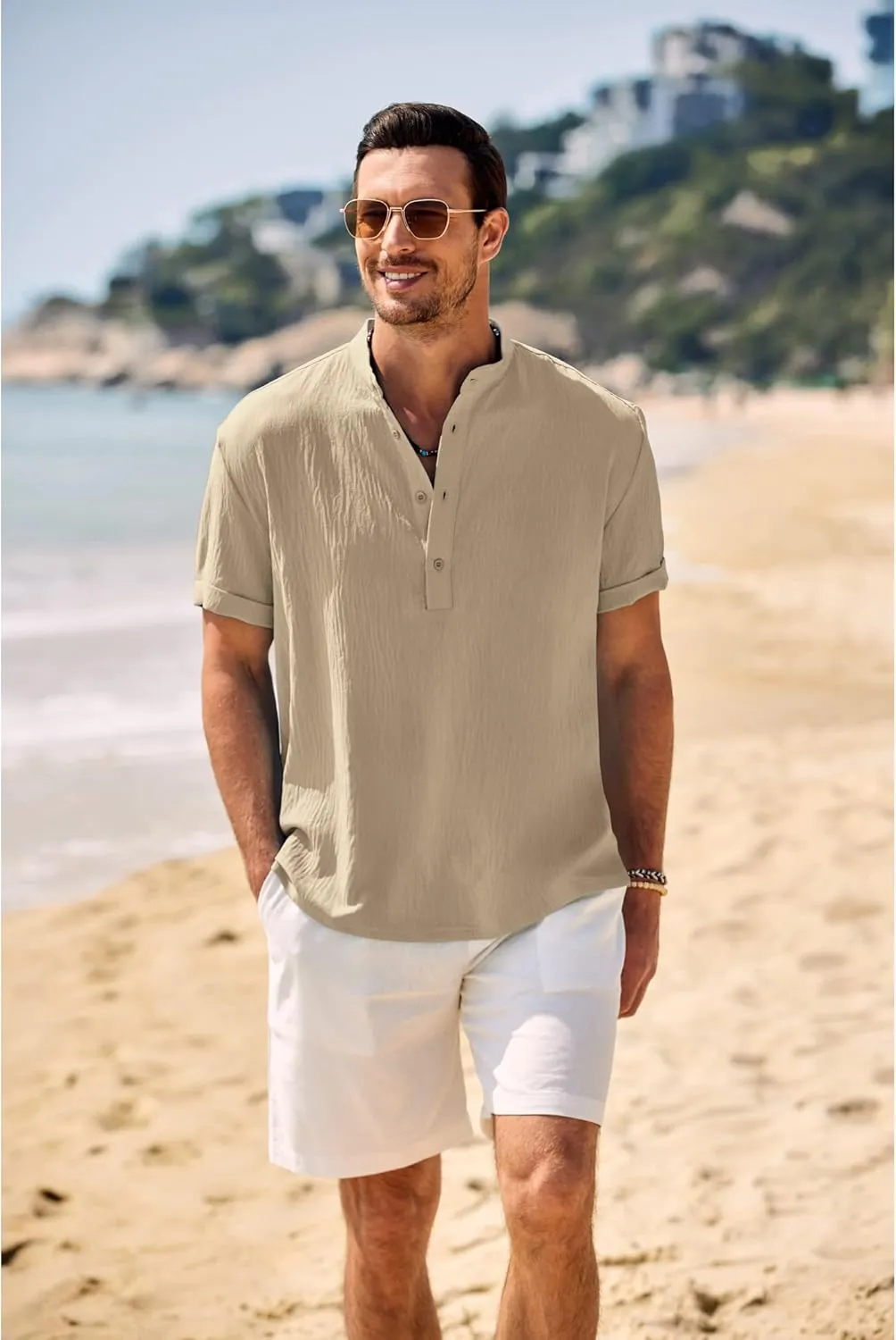 COOFANDY Men's Casual Henley Shirt Band Collar Short Sleeve Shirt Summer Beach Hippie Shirt