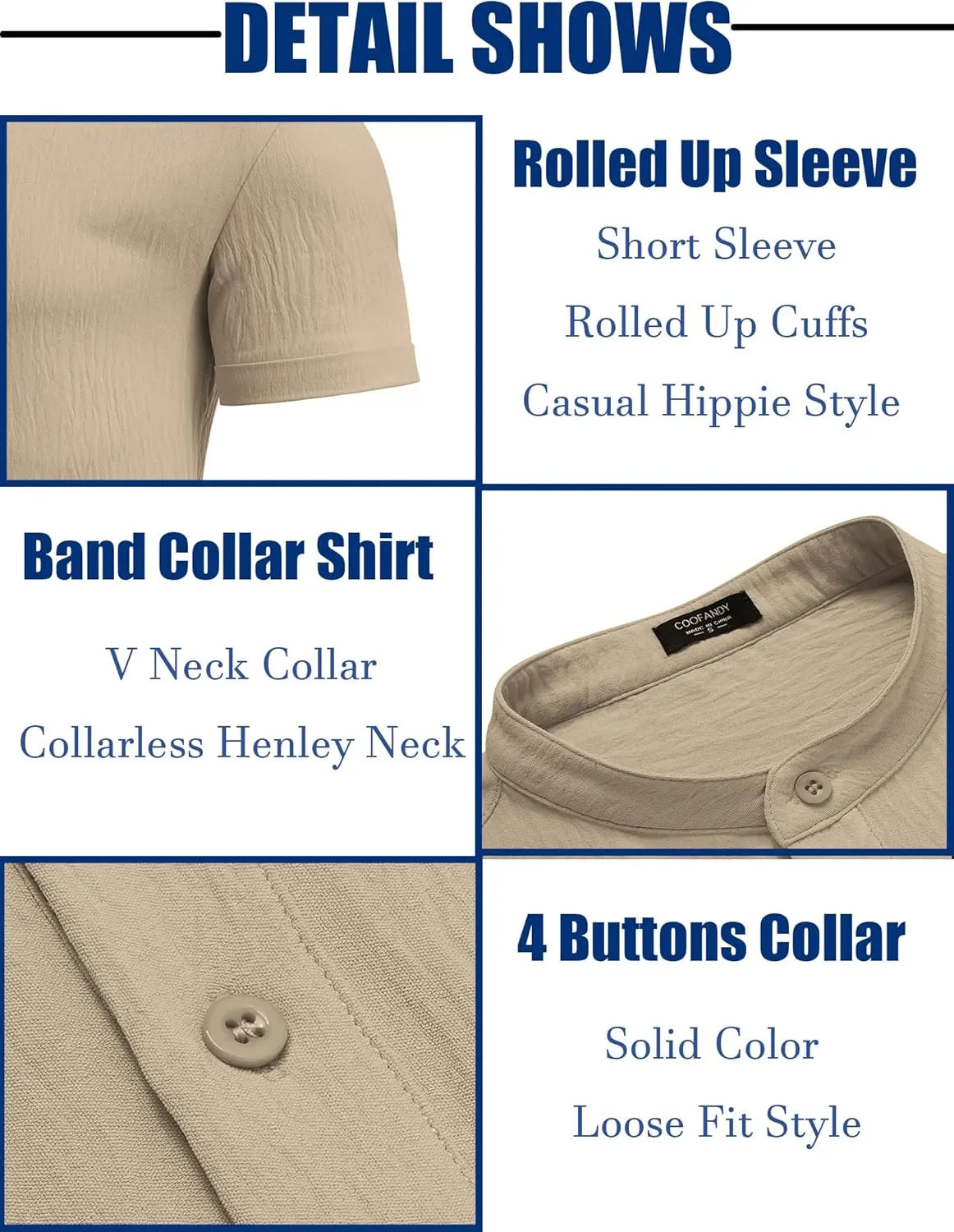 COOFANDY Men's Casual Henley Shirt Band Collar Short Sleeve Shirt Summer Beach Hippie Shirt