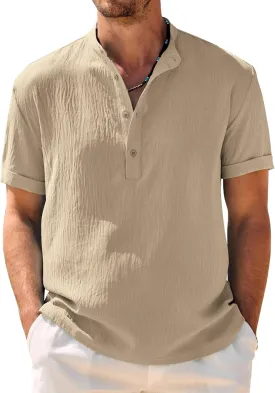 COOFANDY Men's Casual Henley Shirt Band Collar Short Sleeve Shirt Summer Beach Hippie Shirt