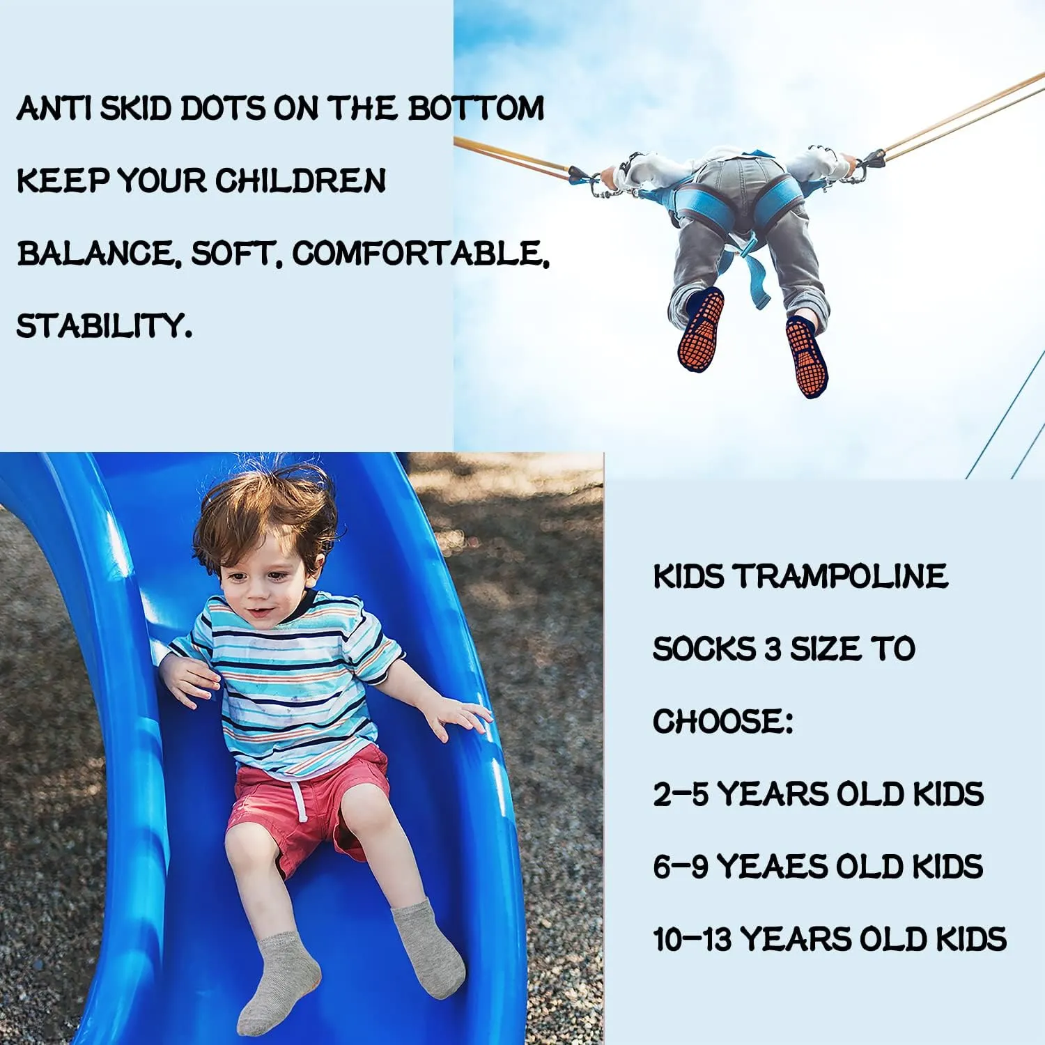ELUTONG Trampoline Socks for Kids with Grips Non Slip 6 Pairs Bounce House Grip Socks for Kid Boys Girls (2-13 Years)