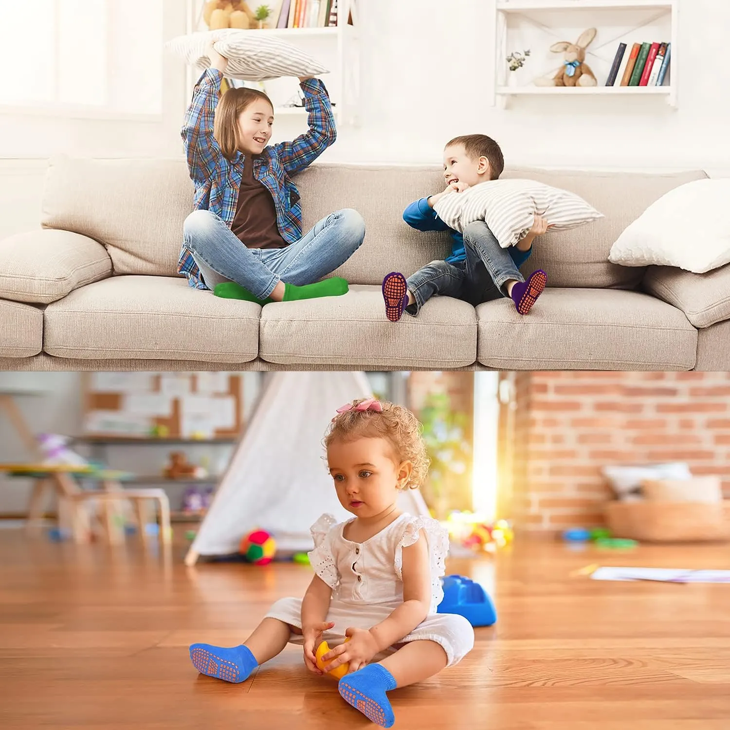 ELUTONG Trampoline Socks for Kids with Grips Non Slip 6 Pairs Bounce House Grip Socks for Kid Boys Girls (2-13 Years)