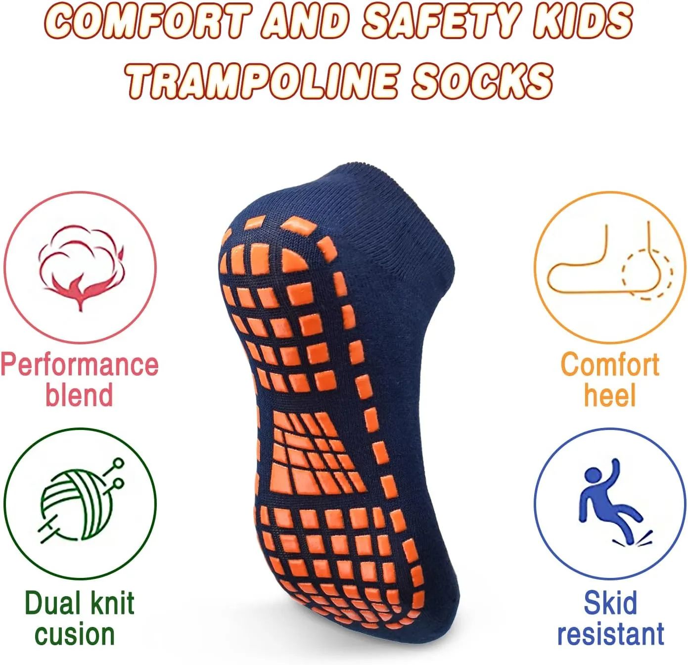 ELUTONG Trampoline Socks for Kids with Grips Non Slip 6 Pairs Bounce House Grip Socks for Kid Boys Girls (2-13 Years)