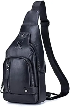 Hebetag Leather Sling Bag Casual Daypack for Men Women Outdoor Travel Hiking Camping Fishing Cycling Crossbody Shoulder Chest Pack Pouch Backpack Black