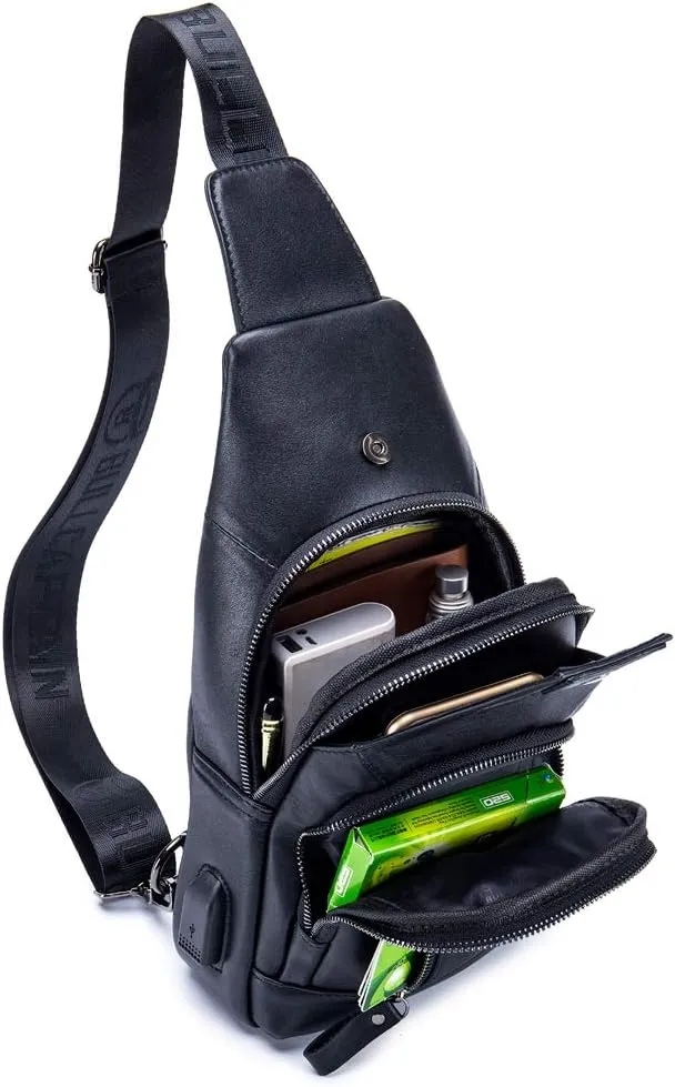 Hebetag Leather Sling Bag Casual Daypack for Men Women Outdoor Travel Hiking Camping Fishing Cycling Crossbody Shoulder Chest Pack Pouch Backpack Black