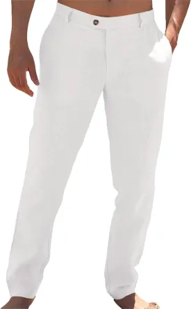 Runcati Mens Casual Pants Elastic Waist Linen Lightweight Straight-Legs Loose Fit Summer Beach Yoga Trousers