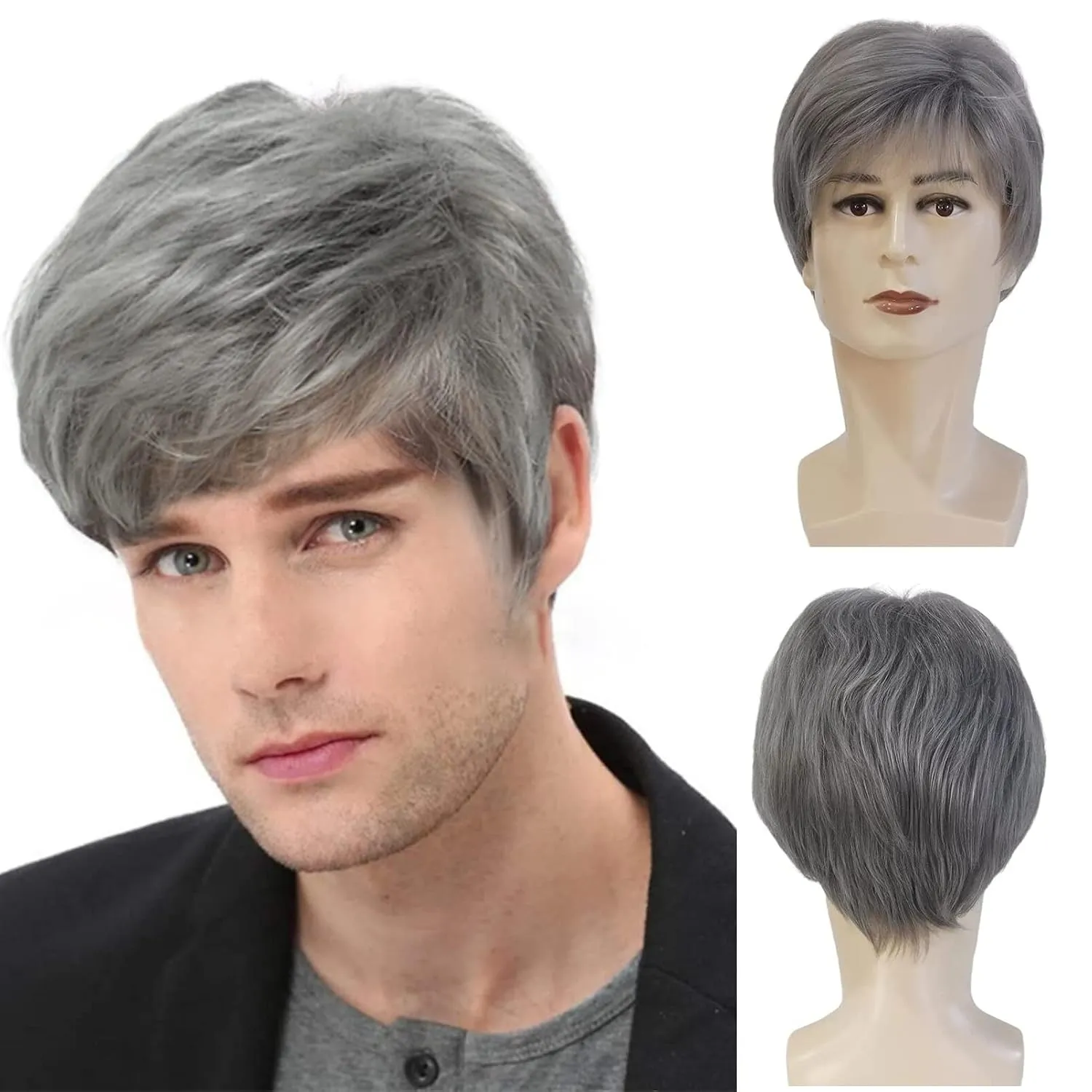 YYHR Short Straight Male Wig Silver Gray Synthetic Wigs Side Part Heat Resistant Fiber Hair Wig For Men